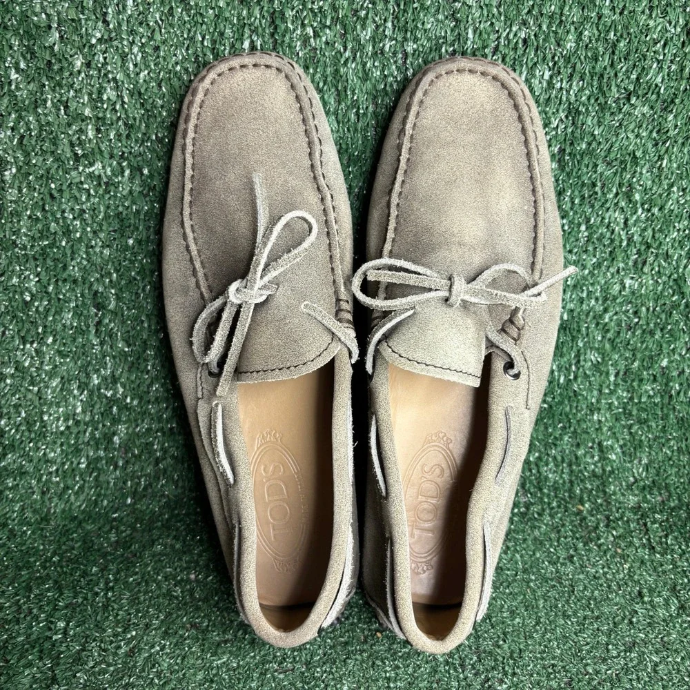 Tods Laccetto Gommino Suede Tie Driving Moccasin Loafer Pebble Sole Grey Mens 8